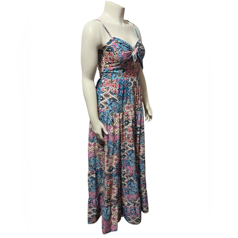 Eliza J 8 Sweetheart Tie Front Patchwork Print Crepe De Chine Maxi Dress Pockets - Picture 4 of 12